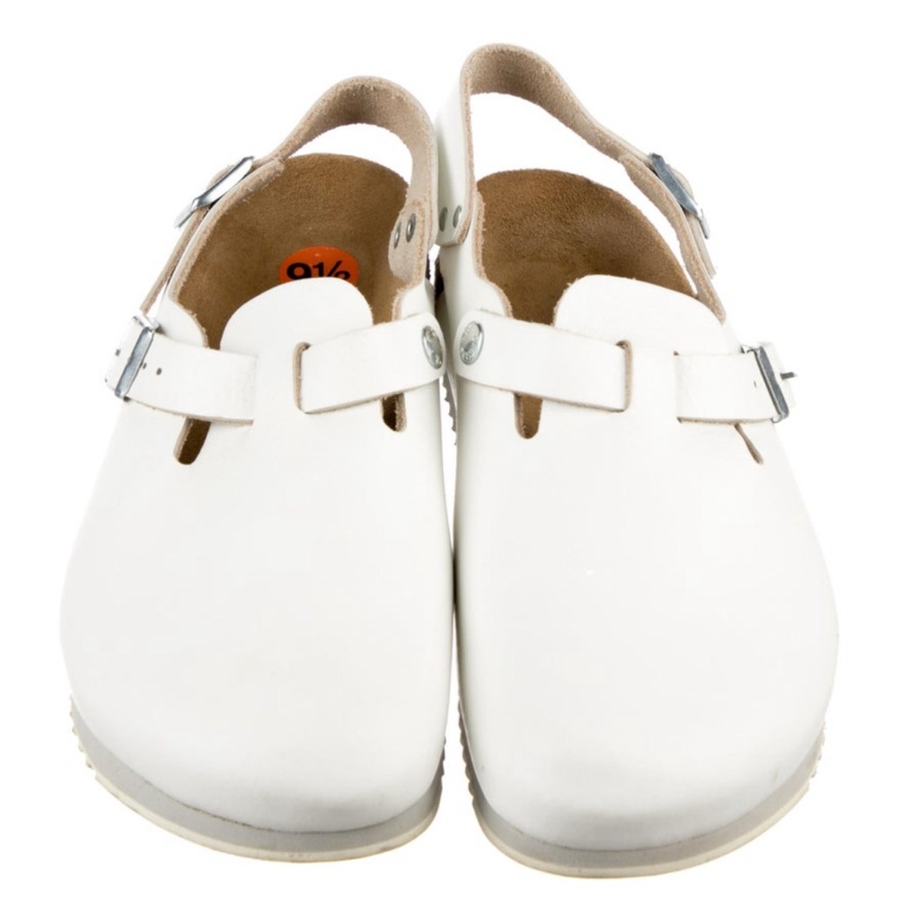 Birkenstock white leather slingback buckle clogs
